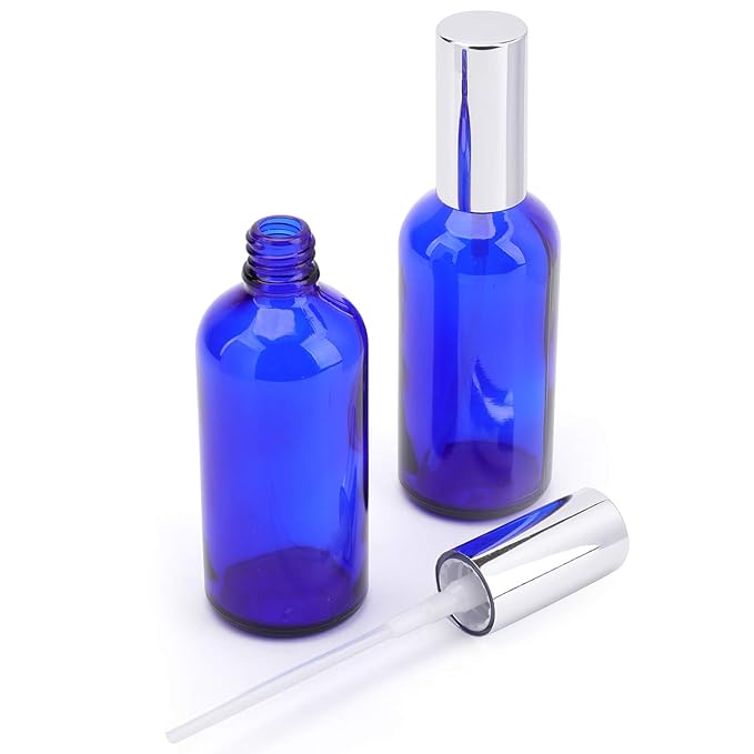 Foraineam 9 Pack 100ml / 3.4 oz. Blue Glass Spray Bottles with Atomizer Refillable Fine Mist Spray Bottle Containers for Perfume, Essential Oils, Cleaning Products