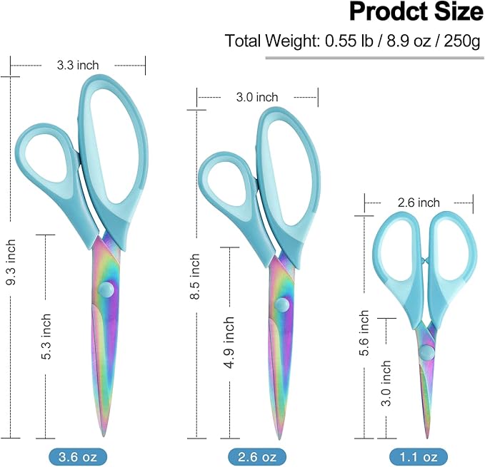Scissors All Purpose, Sharp Titanium Blades Shears, Rubber Comfort Grip Handle, Multipurpose scissors 3 pack, Great for Office, Fabric, Craft, Sewing, Arts, School and Home Supplies, Blue