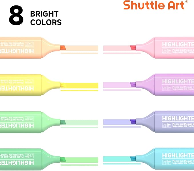 Shuttle Art Pastel Highlighters, 8 Assorted Macaron Colors Highlighter Pens, Chisel Tip Dry-Quickly Non-Toxic Highlighter Markers for Adults Kids Highlighting in the Home School Office