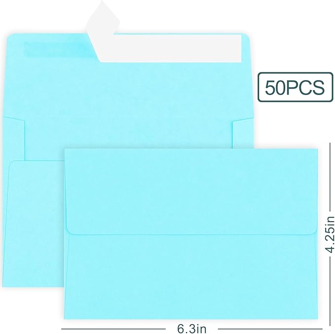 50 Pack A4 Sky Blue Self Seal Envelopes, 4x6, Printable, Modern, Wedding, Perfect for Invitations, Business Cards, Baby Showers, Greeting Cards