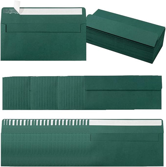 100 Pack Colorful #10 Business Envelopes Self Seal Standard Envelopes for Office Checks, Business, Letter Mailing Invoices, 4.13 x 9.49 Inches (Dark Green)