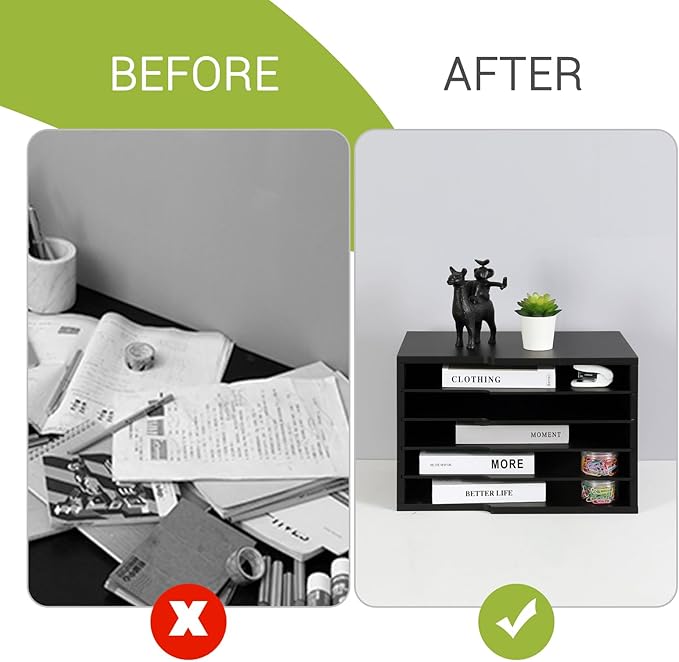 LAPTAIN Desktop File Sorter with 4 Adjustable Shelves for Home and Office, Paper Letter Tray Organizer Wall Mount, Black