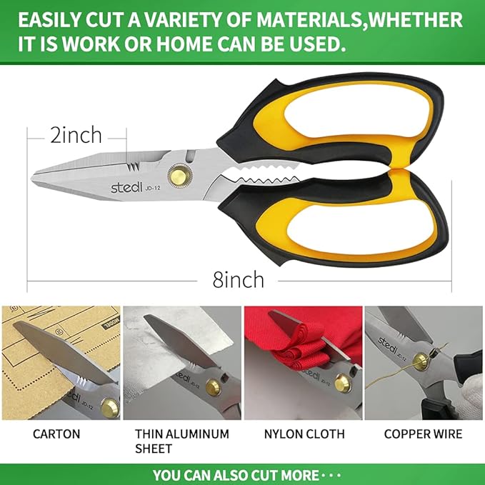 Stedi Scissors Heavy Duty 8-Inch,Multipurpose Scissors,Sharp Stainless Steel Shears with Serrated Edge & Protective Cover,Non-Slip Handle,Easy Cutting Cardboard, Carpet,Leather, Fabric, Wires, Yellow