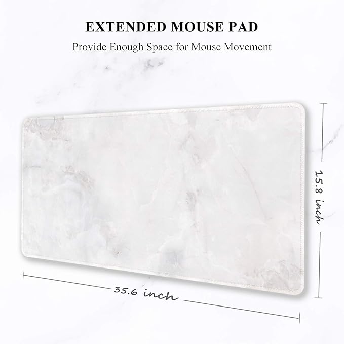 Auhoahsil Large Mouse Pad, Full Desk XXL Extended Gaming Mouse Pad 35" X 15", Waterproof Desk Mat w/Stitched Edges, Non-Slip Laptop Computer Keyboard Mousepad for Office and Home, White Marble Design
