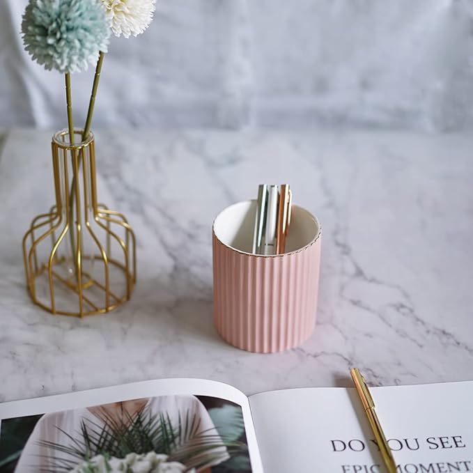 Pen Holder for Desk, Ceramic Pencil Cup Office Desk Organizer, Makeup Brush Holder (Pink)