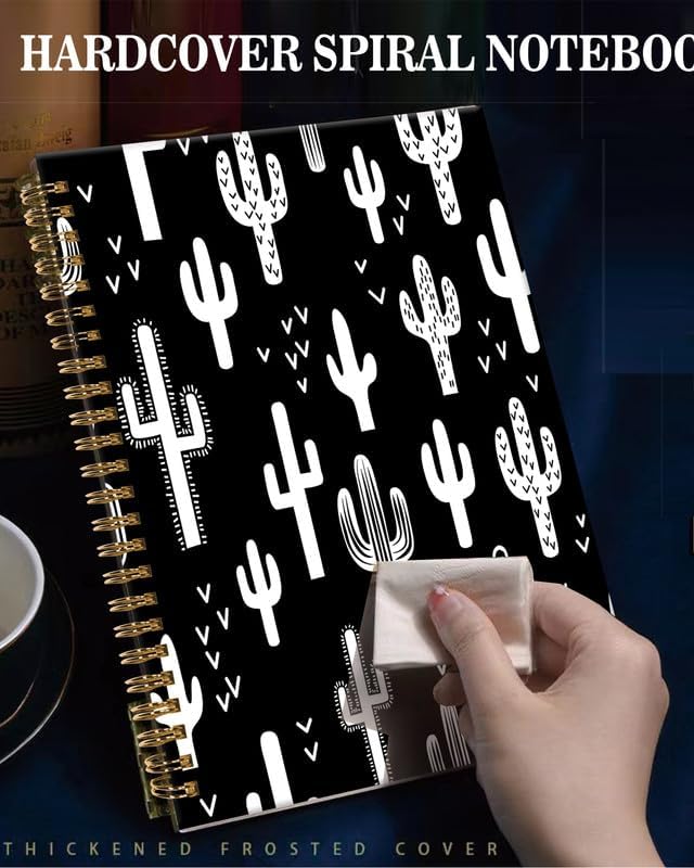 Spiral Journal Notebook,A5 Hardcover Lined Journals for Women Girl 6 x 8.3 in,120 Pages Thick Paper,Cute College Ruled Writing Notebook for Gifts Office Work School(Black White Cactus Plant)