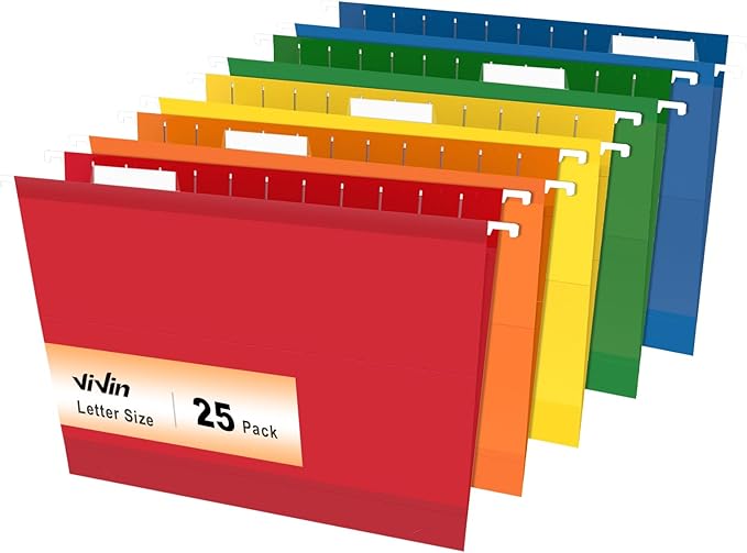 ViVin 25 Pack Letter Size Hanging File Folders with 25 Per Box, 1/5-Cut Adjustable Tabs, 2 Inch Expansion, Hanging Folders Designed for Office Bulky Files, Filing Cabinets(Assorted)