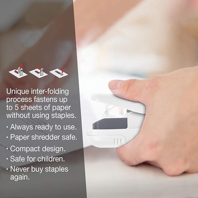 Plus Paper Clinch Compact Staple-Free Stapler, Ivory White