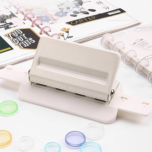 Pssopp Mushroom 4 Holes Puncher, Handheld DIY Punch Paper Cutter with Ruler 3 Sheets Punch Capacity for Discbound Notebooks Planners (White)