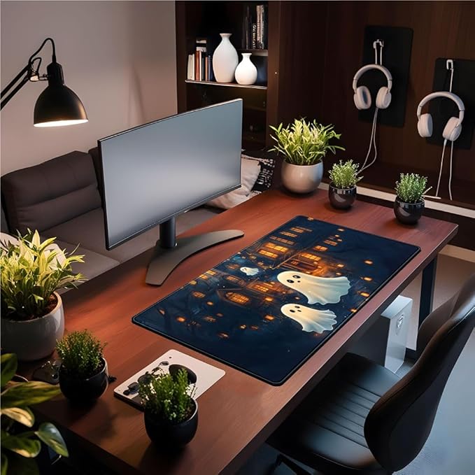 Cute Desk Mat Ghost Cartoon Mouse Pad Haunted House Style Desk Pad, Gaming Mouse Pad XXL Mouse Keyboard Pad Aesthetics Ai Desktop Mat Mouse Pads for Desk Computer Accessory Home Decor 31.5" X 15.7"