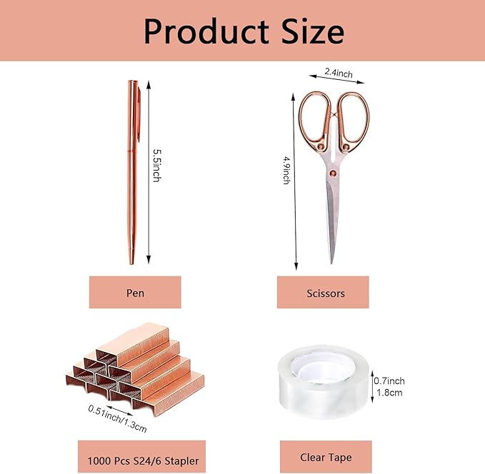 Office Supplies,Desk Accessories,with Stapler,Tape Dispenser,Staple Remover,Scissor,Ballpoint Pen,Clear Tape,Staples,Binder,Best Gift Set(Rose Gold)