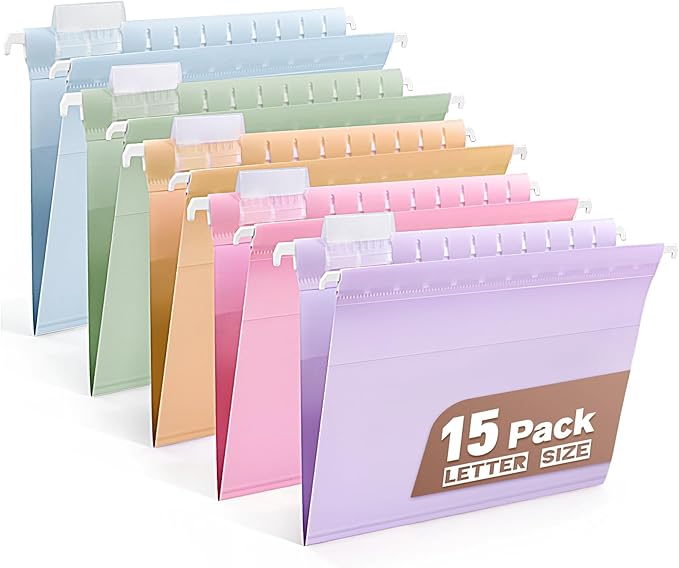 Plastic Hanging File Folders, 15 Pack Letter Size – Waterproof, Tear-Resistant, Pastel Colors with Expandable Bottom & 1/5-Cut Tabs for Filing Cabinets & Office Organization(A)