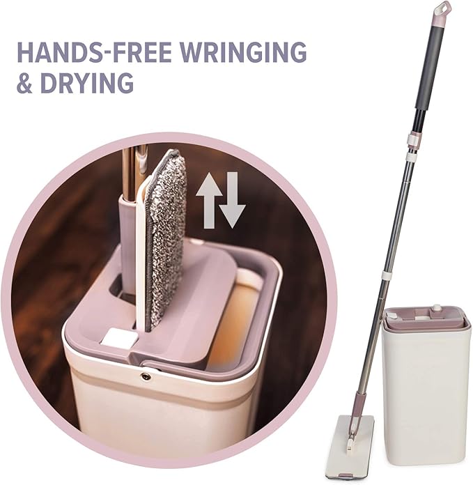 JFB Home Products Micro Flat Mop & Bucket System, Hands-Free Wringing Floor Cleaning, 3 Washable & Reusable Microfiber Pads, Wet or Dry Usage on Wood, Marble, Tile, Laminate, Ceramic and Vinyl Floors