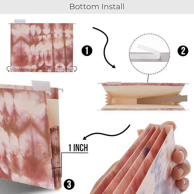 Y YOMA Letter Size - 6 Pack Extra Capacity Hanging File Folders with Pocket Accordion Decorative File Folder Cute Colored Expandable Folder for Office with 1/5-Cut Adjustable Tabs, Tie-dye Pattern