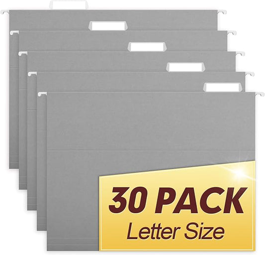 HERKKA Hanging File Folders, 30 Pack Reinforced Letter Size Hanging Folders, Designed for Bulky Files, Filing Cabinet, 1/5-Cut Adjustable Tabs (Gray)