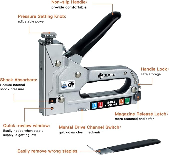 Upholstery Staple Gun Heavy Duty, DEWBIN 4 in 1 Stapler Gun with 2000 Staples, Remover, Manual Brad Nailer Power Adjustment Stapler Gun for Wood, Upholstery, Carpentry, Decoration DIY Staple Gun