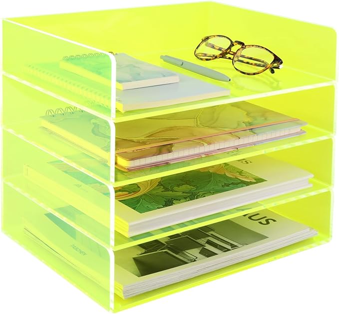 Acrylic File Organizer for Desk 4 Tiered Stackable Letter Tray Office Paper Storage Desktop Document Sorter, Neon Green