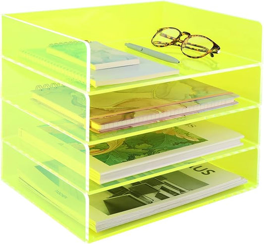 Acrylic File Organizer for Desk 4 Tiered Stackable Letter Tray Office Paper Storage Desktop Document Sorter, Neon Green