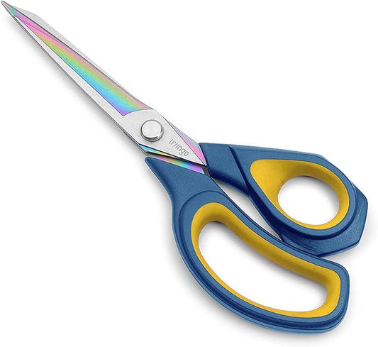 LIVINGO 9.5” Premium Fabric Scissors, Heavy Duty All-Purpose Titanium Coating Forged Stainless Steel Sharp Sewing Tailor Dressmaking Shears Comfort Grip Crafting Leather Cutting, Navy Blue/Yellow