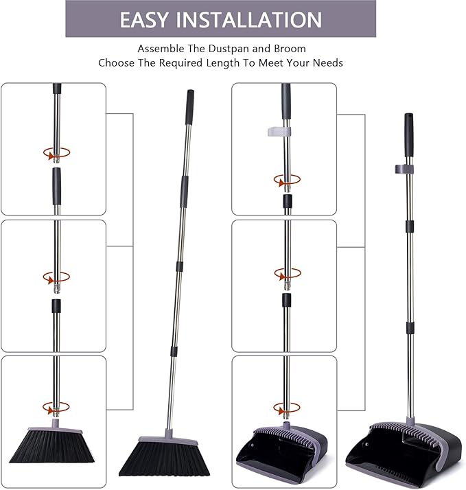 XXFLOWER Broom and Dustpan Set, Dustpans with Broom Combo for Home, Heavy Dust Broom and Dustpan Combo, Long Handle Dust Pan and Broom Set for Kitchen, Office, Pet Hair, Charcoal Color, Pack of 1