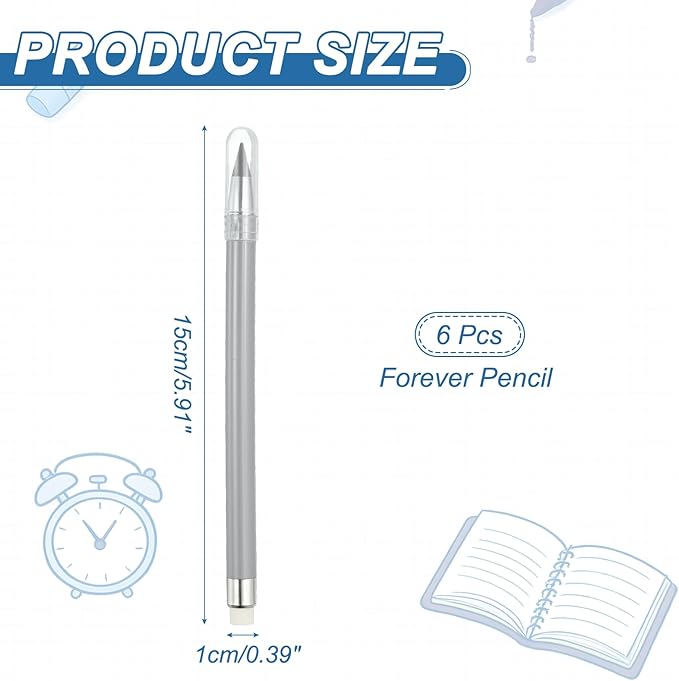 PATIKIL Forever Pencil, 6 Pcs Mechanical Sharpened Cute Metal Pencils Set for Coloring Book Sketch Drawing Writing Art Beginner, Grey