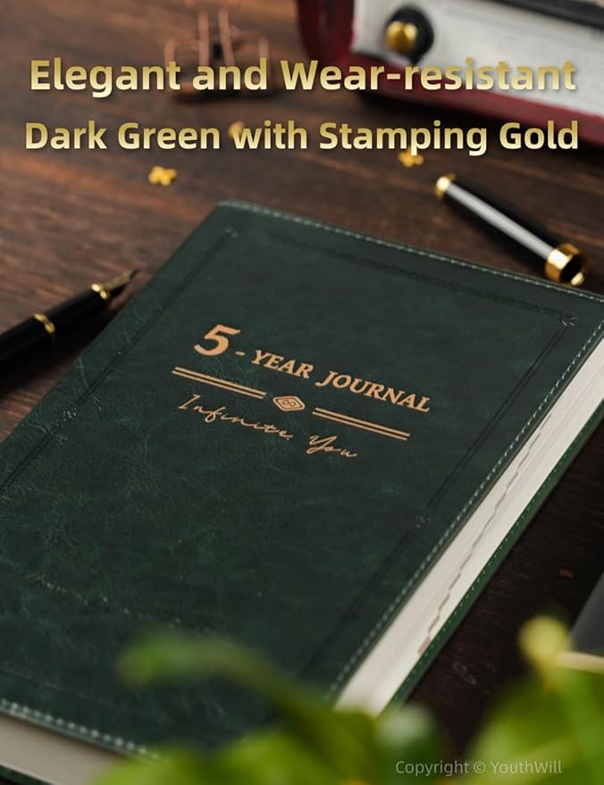 YouthWill Five Year Journal, 5-year Memory Notebook, Daily Journal, Undated Diary, One Line a Day, Soft Cover, Medium, 90gsm paper (Dark Green)