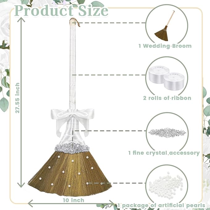 Quaocens Wedding Brooms for Jumping Ceremony,White Whisk Broom Wedding Broom with White Ribbon and Faux Pearls,Whisk Broom Jumping The Brooms for Wedding DIY Wedding Ceremony Crafts