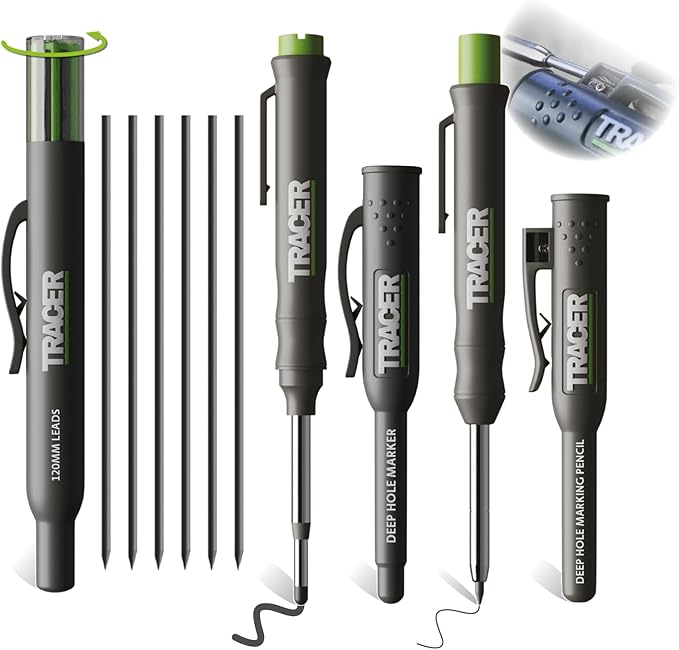 Tracer Complete Deep Hole Marking Kit - Includes Double-Tipped Long Head Deep Hole Permanent Marker and Deep Hole Construction Pencil with 6 Replacement Lead Dispenser Site Holster