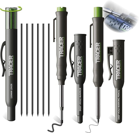 Tracer Complete Deep Hole Marking Kit - Includes Double-Tipped Long Head Deep Hole Permanent Marker and Deep Hole Construction Pencil with 6 Replacement Lead Dispenser Site Holster