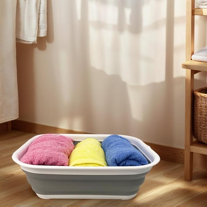 SAMMART 12L (3.17 Gallon) Collapsible Tub - Foldable Dish Tub - Portable Washing Basin - Space Saving Plastic Washtub (1, White/Grey)