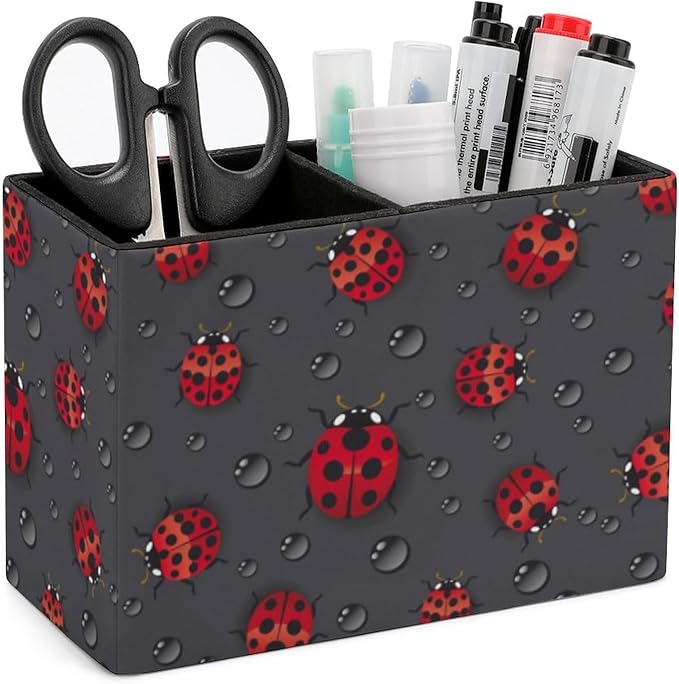 Pen Holder, Pencil Holder for Desk Organizer, Red Ladybugs Waterdrop PU Leather Pencil Cups Desktop Stationery Storage Makeup Brush Holder Pen Organizer for Office Home