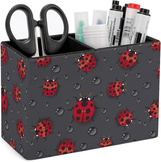 Pen Holder, Pencil Holder for Desk Organizer, Red Ladybugs Waterdrop PU Leather Pencil Cups Desktop Stationery Storage Makeup Brush Holder Pen Organizer for Office Home