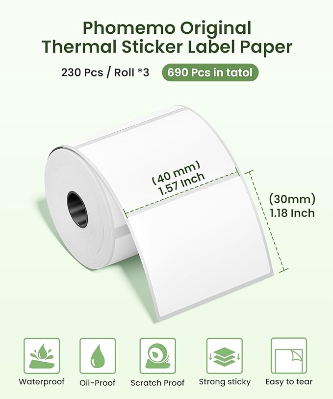 6-Pack Phomemo M110 Original Labels 1.57"x1.18"(40x30mm)Square Self-Adhesive Compatible with Phomemo M110/M120/M200/M220/M221 Label Printer for Barcode, Folder Name, Address, PriceTag, Homemade Label