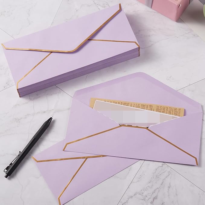 50 Pack #10 Business Envelopes with Gold Border, Self Seal Standard Envelopes with Gold Stickers for Office, Checks, Letter Mailing, Invoices, 4 1/8 x 9 1/2 Inches (Light Purple)