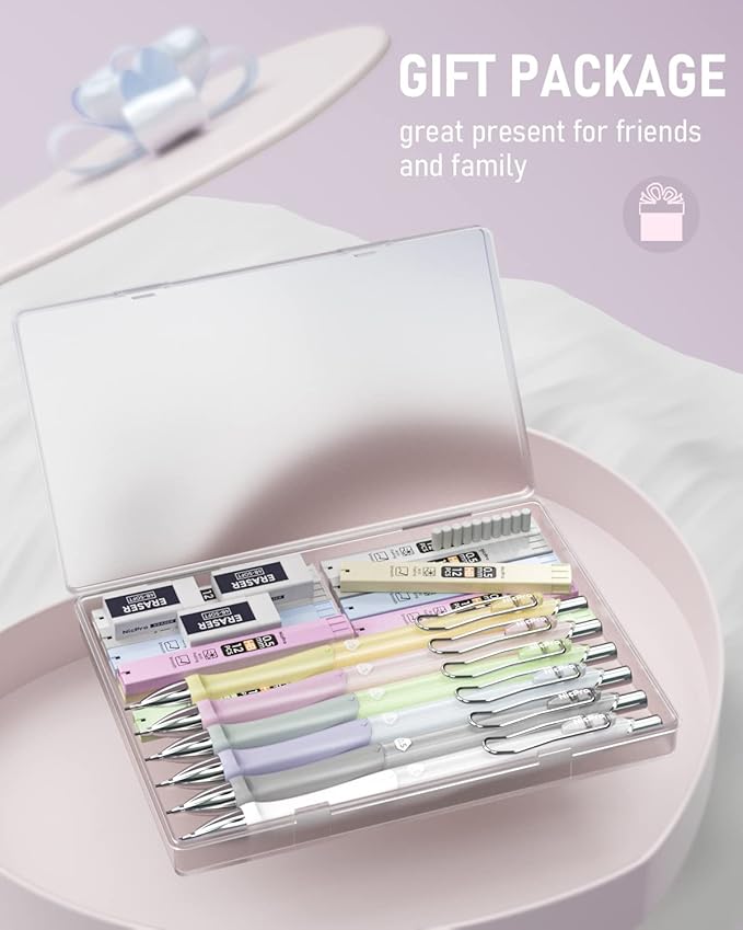 Nicpro 6PCS Pastel Mechanical Pencil Set 0.5 mm, Cute Mechanical Pencils with Comfort Grip with 12 Tubes HB Lead Refill, 3 Eraser, 9 Eraser Refills for Student Writing, Drawing, Sketching- with Case
