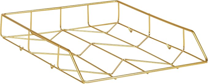Mind Reader Gold Geometric Paper Tray, Modern Organizer for Documents, Folders, and Office Supplies, Durable and Stylish, Metal, 10" L x 12.25" W x 2" H, Gold
