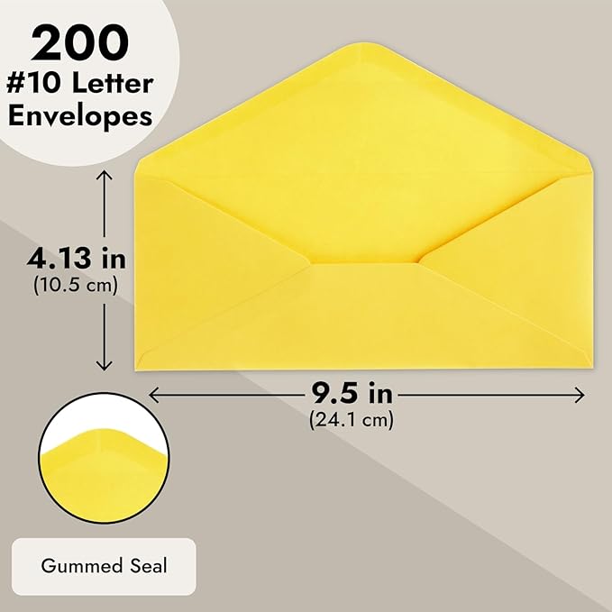 Business Envelopes - 200 Pack 10 Yellow Envelopes, Gummed Seal, 9.5 x 4.13 in - Colored Mailers for Invitations & Business Mailing - Bulk Stationery for Checks & Greeting Cards