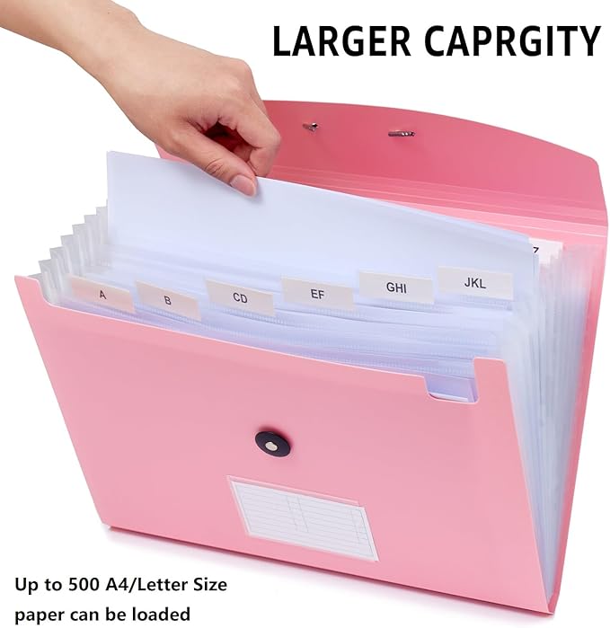 Pink Expandable File Folders, Expanding Receipt Organizer, Accordion Folder File Folders, Important Document Organizer, Accordion Folder for Office/School (Pink)