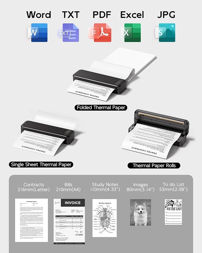 Portable Printers Wireless for Travel, Bluetooth Inkless Thermal Printer Support 8.5" X 11" US Letter, Mobile Printer for Phone Laptop, with Case and 4 Rolls Thermal Paper Kit, for Home Office Receipt