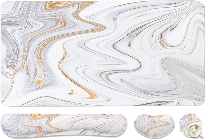 4-in-1 Large Gaming Mouse Pad, Keyboard Wrist Rest Pad & Wrist Support Mousepad Set, Extended Desk Pad Waterproof Desk Mat for Home Office Study Game - White Marble