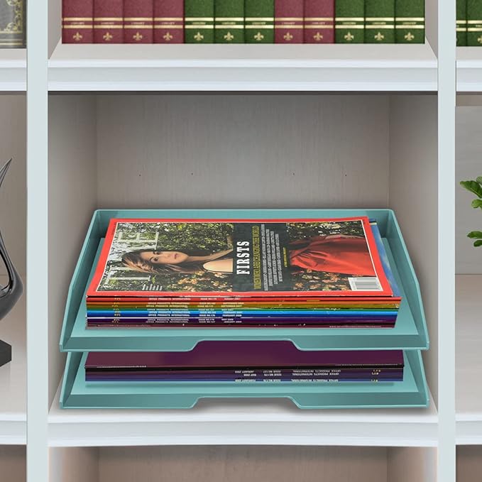 Acrimet Stackable Letter Tray 2 Tier Side Load, Plastic, Desktop File Organizer (Solid Green Color)