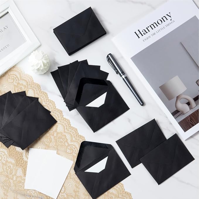 50 Sets Black Mini Envelopes with Blank Gift Cards, Business & Note Cards - Wedding Invitation, Graduation, Holiday Pocket Envelopes 4x2.75" Bulk for Party Favors & Scrapbooking