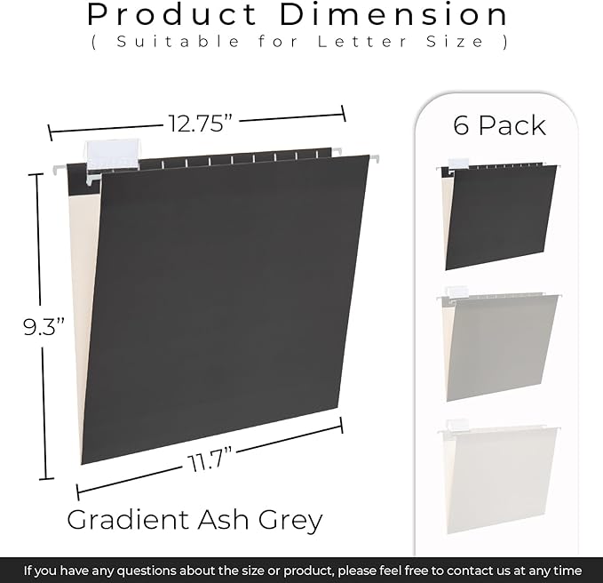 Y YOMA 6 Pack Gradient Hanging File Folders Letter Size Decorative Hanging Folder Pretty File Folder Organizer for Filing Cabinet Office Home with 1/5-Cut Adjustable Tabs, Ash Grey