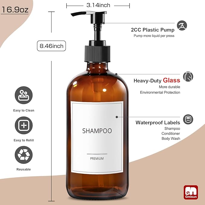 GMISUN Glass Shampoo and Conditioner Dispenser, Shower Soap Dispenser Bottles with Labels, Refillable Shampoo Conditioner Body Wash Dispensers, Amber Glass Soap Pump Dispenser Set for Bathroom Shower
