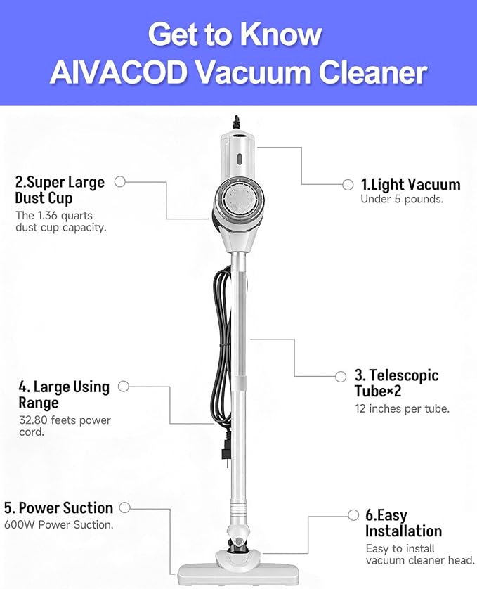 Aivacod Corded Stick Vacuum Cleaner with 33 Feet Long Power Cable, 600W 17Kpa Handheld Vacuum Cleaner for Home, 1.5L Dust Cup, Removable Tube, HEPA Filter, for Hard Floor, Tiles