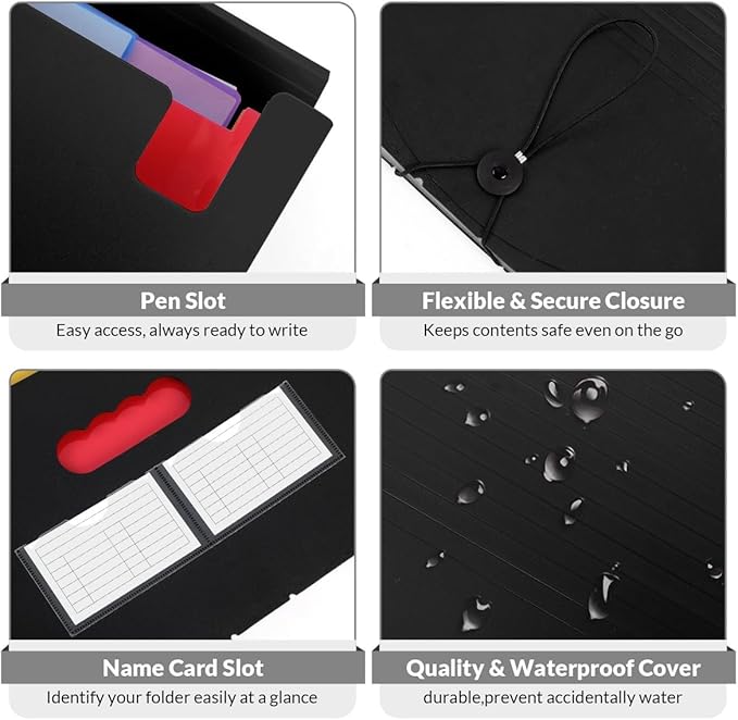 SKYDUE Accordion File Organizer, 13 Pocket File Folder Organizer with Colorful Tabs, Expanding Document Organizer for Letter A4 Size for Office School Use Black