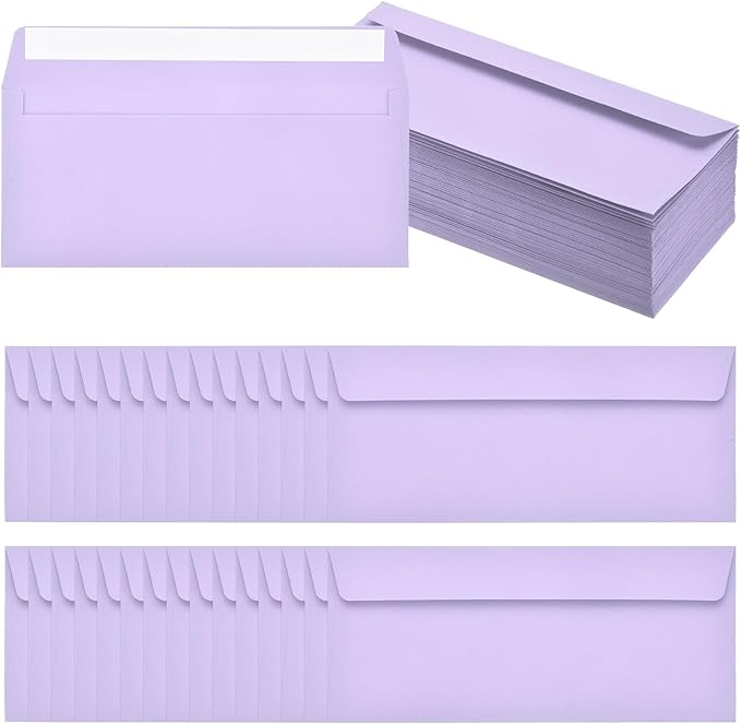 PATIKIL 100 Pack Light Purple #10 Business Envelopes, Colored Self Seal Letter Size Envelopes for Business Mailing Office Checks Invitation, 4-1/8 x 9-1/2 Inches