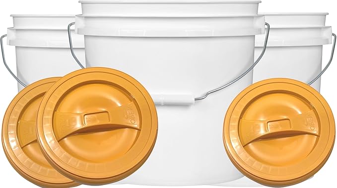 House Naturals 2 Gallon White Bucket with Screw on Lid - Pack of 3 Made in USA contrainers (White Buckets with Orange Lids)
