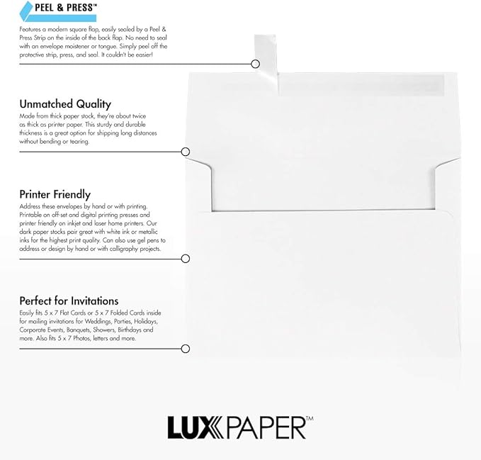 LUXPaper A7 Invitation Envelopes | Peel & Press | 5 1/4" x 7 1/4" | White | 24lb. Text | 50 Qty