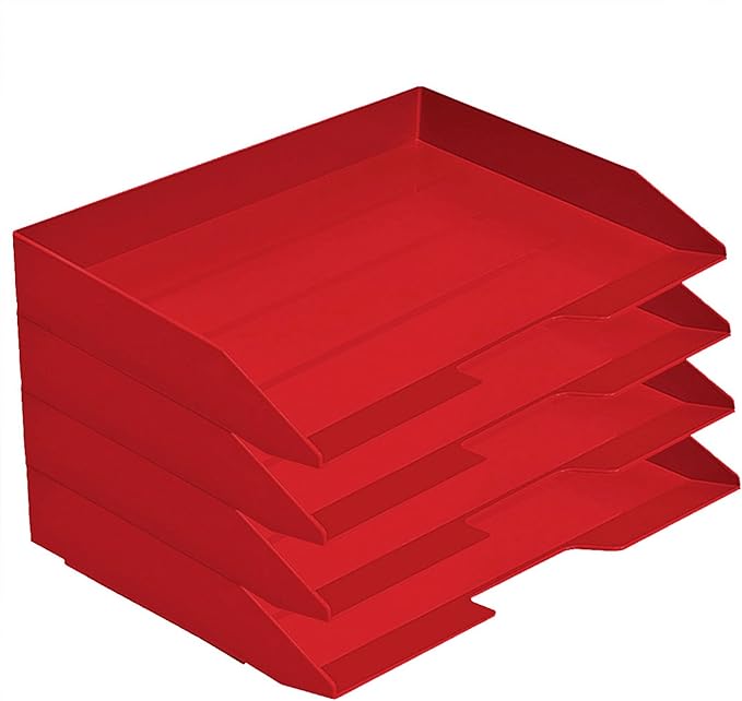 Acrimet Stackable Letter Tray 4 Tier Side Load, Plastic, Desktop File Organizer (Solid Red Color)
